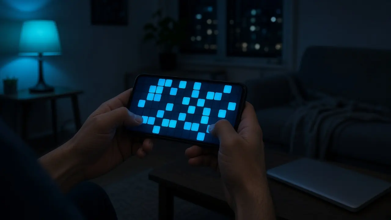 Manos con un teléfono y una cuadrícula de juegos