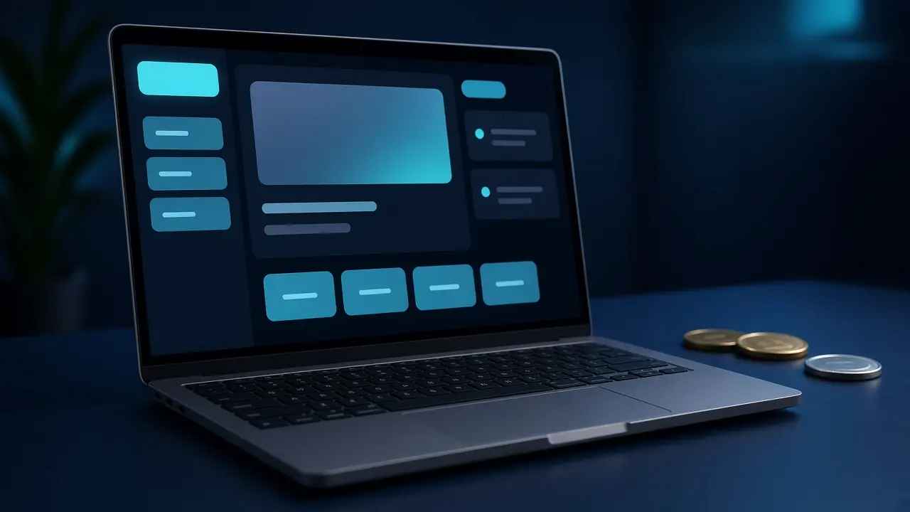 Laptop y monedas junto a una pantalla de caja