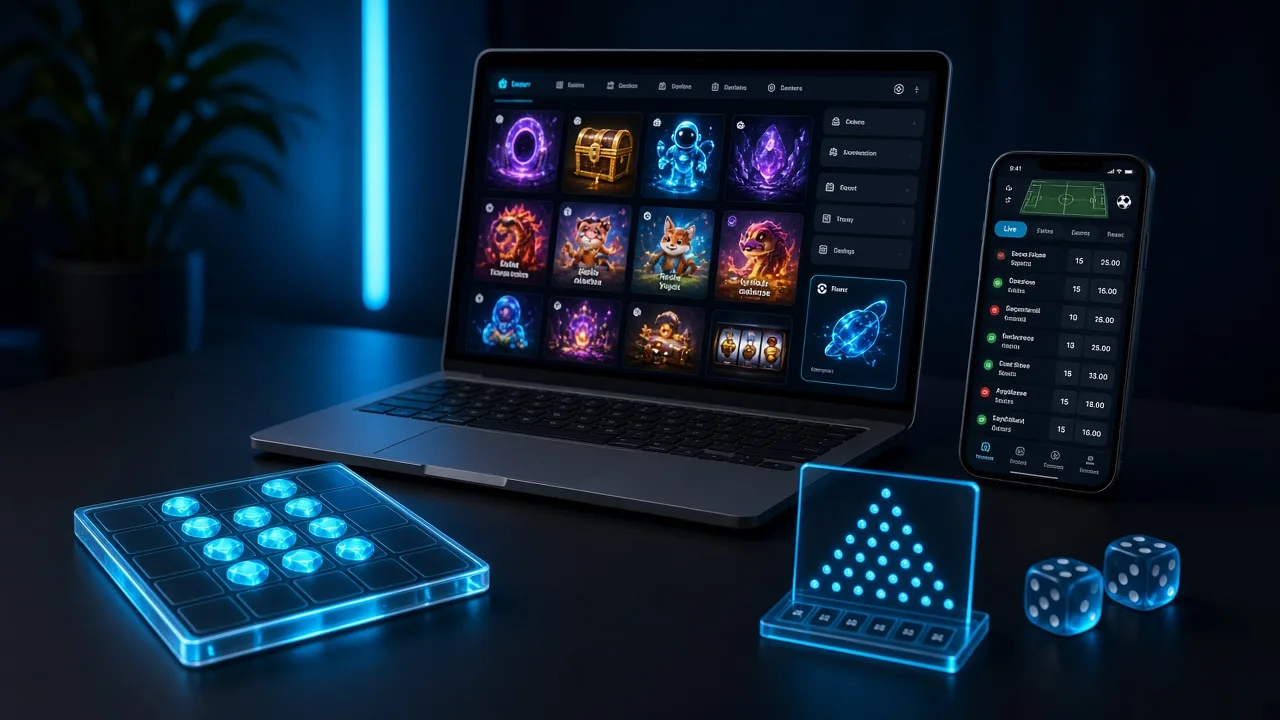 Tablero de Plinko, dados y fichas sobre un escritorio oscuro