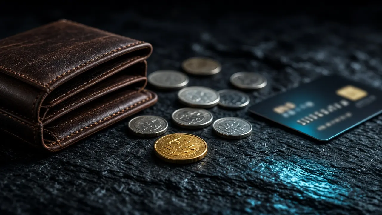 Cartera, monedas y una tarjeta sobre piedra negra