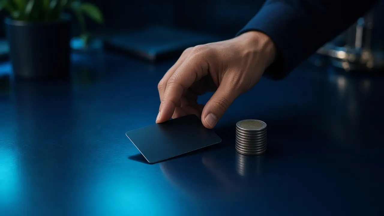 Tarjeta y monedas sobre un escritorio azul oscuro