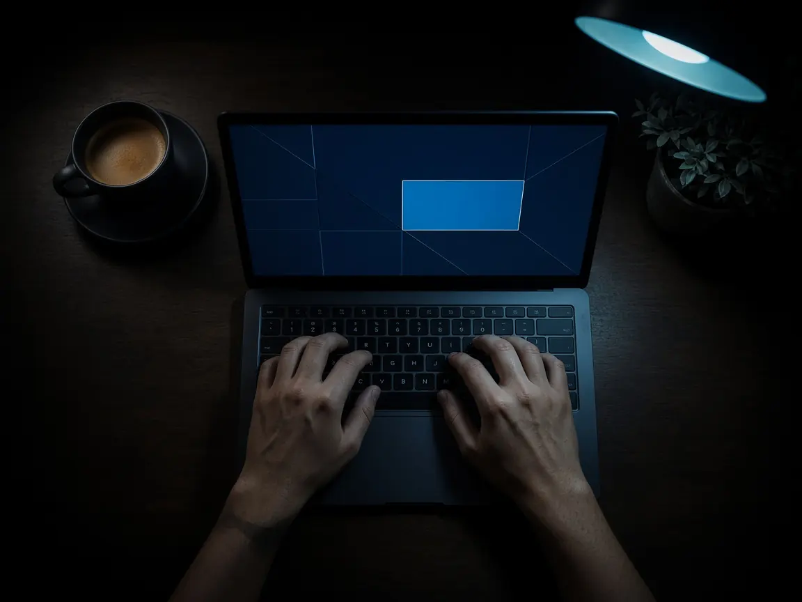 Persona escribiendo en una laptop en un cuarto oscuro