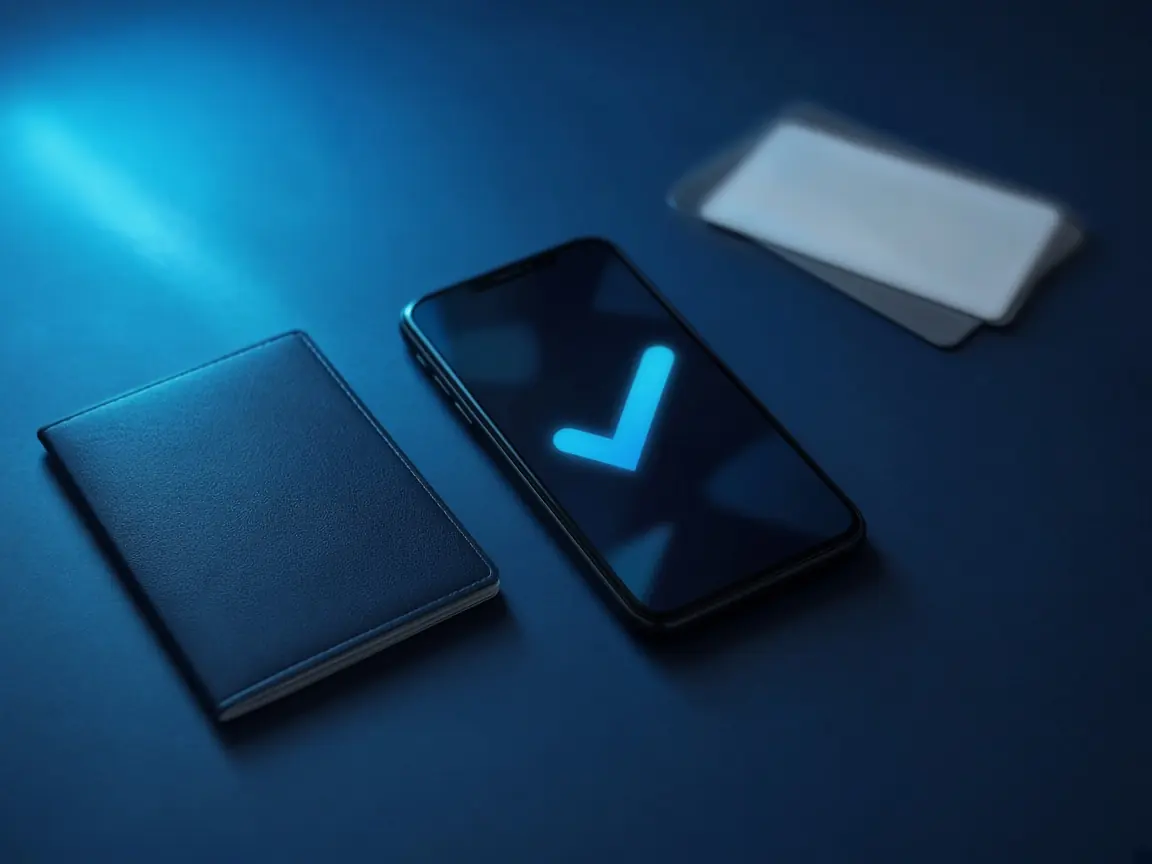 Identificación cerrada y un teléfono en un escritorio azul