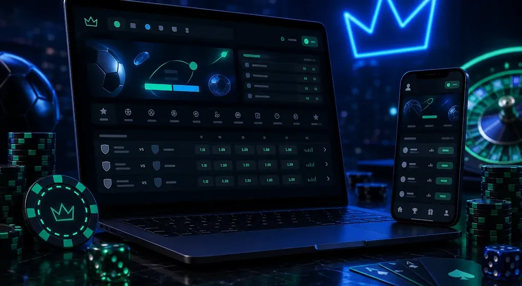 Laptop con un tablero de apuestas, teléfono, balón y fichas