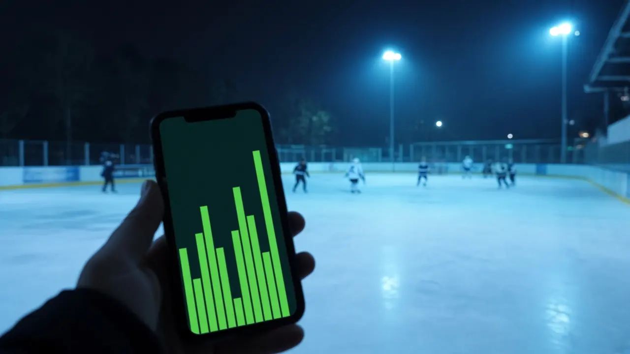 Pista de hielo de noche con un teléfono en primer plano